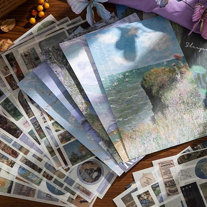 Vintage Scrapbook Stickers, 50 Sheets Aesthetic Oil Painting Sticker Book for Adults with 450pcs Washi Stickers and 20 Sheets Scrapbook Paper Ephemera Sticker Book for Junk Journal Journaling Supplies