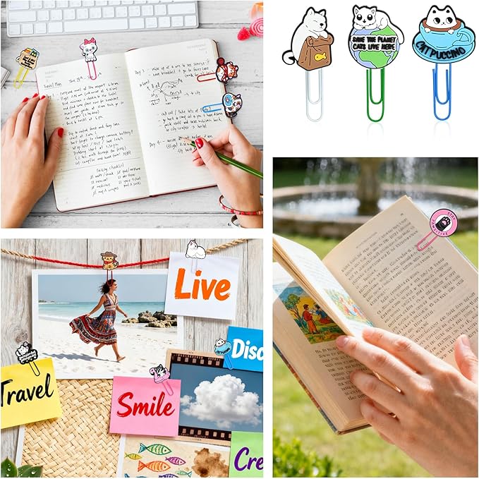 Cute Paper Clips, 30Pcs Cute Cat Bookmark Paperclips Bulk Metal Fun Cute Animal Planner Clip Charm Clamp Desk Accessories Stationery Colorful Office Supplies gifts for Student Teacher Party Decorative