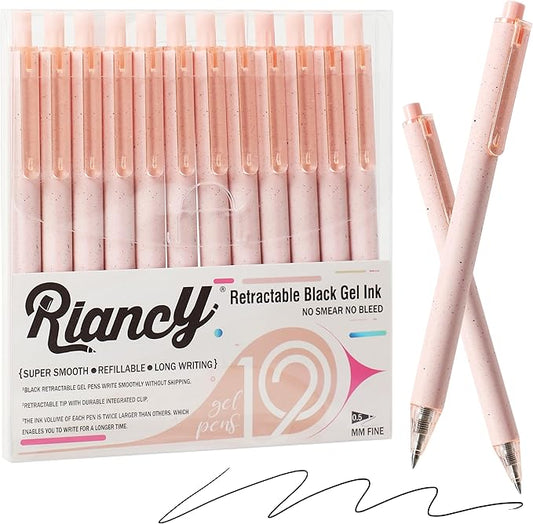 RIANCY Premium Pink Gel Pens - Smooth Writing, Quick Dry, Set of 12 - Ideal for Journaling, Note-Taking, Art Supplies
