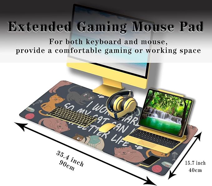 Full Size Mouse Pad Funny Cat Cute Gaming Mouse Pad Extra Large Mouse Pads Computer Mat Work Desk Mat Non-Slip Rubber Base Waterproof with Stitched Edges 35.4" X 15.7" for Game Office,