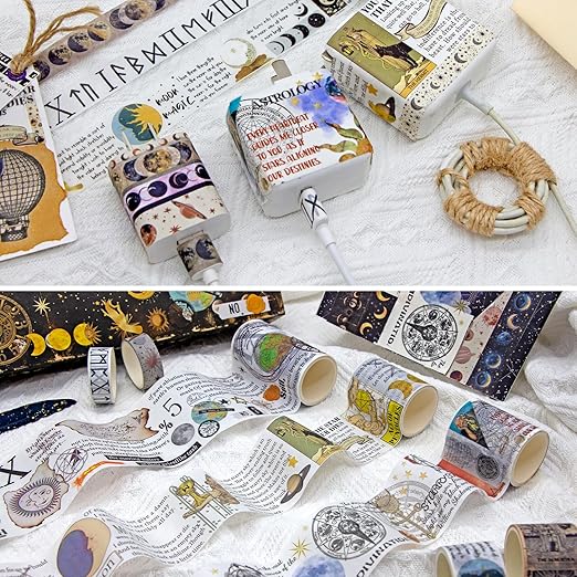Vintage Tarot & Celestial Washi Tape Set - 25 Rolls Astrology Style Decorative Tapes for Journaling, Scrapbooking,Junk Journal, DIY Craft，Bullet Journaling , Celestial Stickers with Beautiful Gift Box