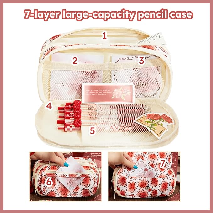 Rose Large Pencil Case Pouch Coquette Aesthetic Floral Big Stationery Bag with 50pcs Rose Stickers for Office College Makeup Adults