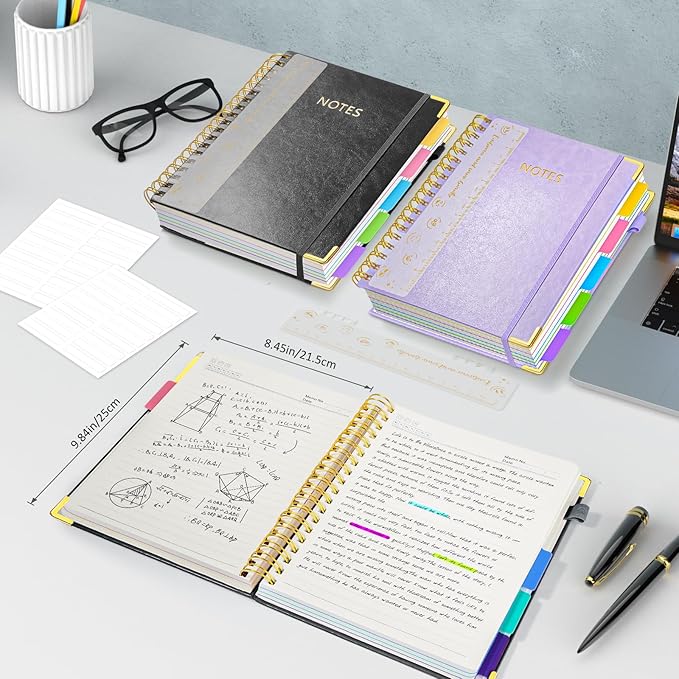 Hardcover Spiral Notebook Journal with Removable PVC Dividers - 8'' x 10'' Large 300 Pages B5 Hardcover Leather Lined Journals Notebook with Tab for Work Note Taking Office Home School Supplies, Black