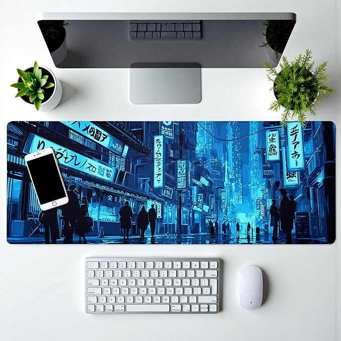 Japanese Gaming Mouse Pad Large Desk Mat Extended Keyboard Streets Mouse Pad Anime Mousepad with Non-Slip Base and Stitched Edge Mouse Mat Desk Pad 31.5 x 11.8 Mouse Pads for Desk Home Office Gaming