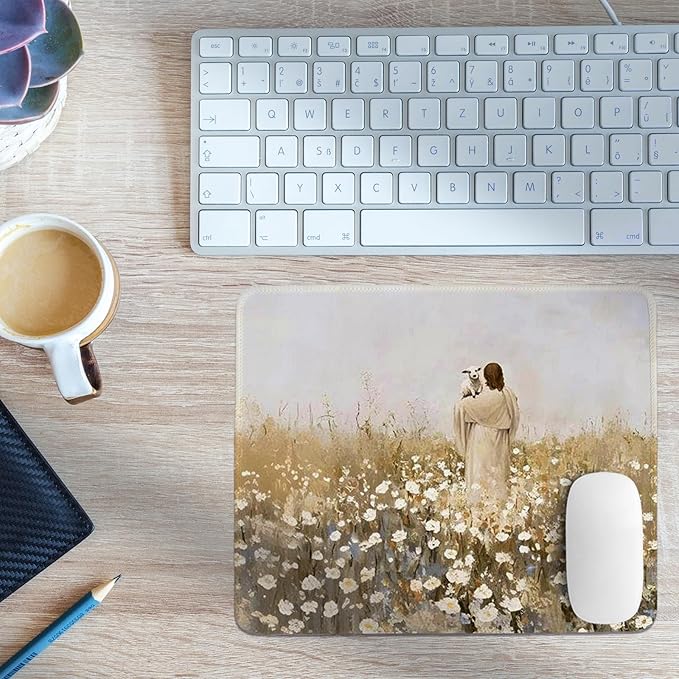 Jesus Mouse Pad,Christian Mouse Pad,Vintage Easter Decor Desk Mat,White Floral Desk Mat,Christian Desk Accessories for Dorm Home Office Decor,Jesus Find The Lost Lamb,10.2x8.3 Inch