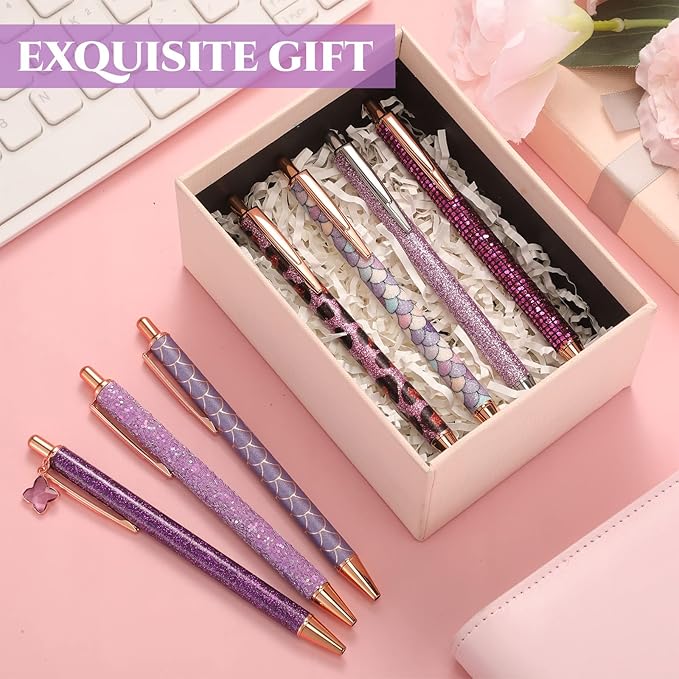 Sherr 7 Pcs Fancy Pens for Women Cute Sparkly Glitter Pens with 10 Pcs Black Ink Refills Pretty Gifts for Girls Office School Christmas Graduation(Stylish)