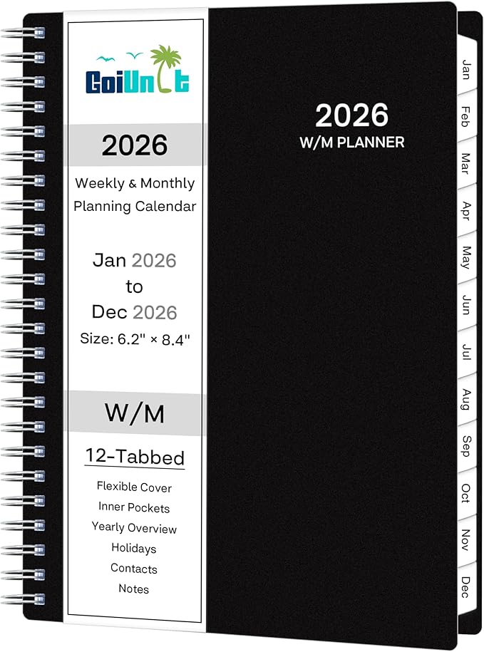 2026 Planner, Weekly ＆ Monthly Planner 2026, Jan 2026 – Dec 2026, 6.2" x 8.42", Flexible Cover, 12 Monthly Tabs, Thick Paper, Spiral Wirebound, Inner Pocket, Black