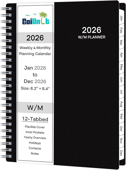2026 Planner, Weekly ＆ Monthly Planner 2026, Jan 2026 – Dec 2026, 6.2" x 8.42", Flexible Cover, 12 Monthly Tabs, Thick Paper, Spiral Wirebound, Inner Pocket, Black