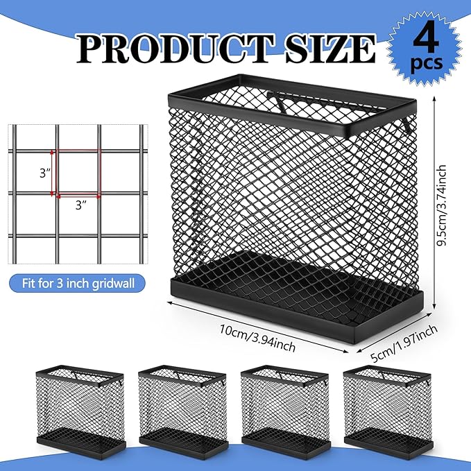 4 Pcs Black Grid wall Bins Storage Bin with Hooks Hanging Baskets Square Box Shape Mesh Baskets for Grid Wall for Garage Garden Office Tools Storage