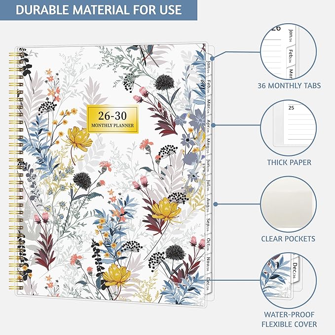 Monthly Planner 2026-2030, 5-Year Calendar Planner 2026-2030, Jan 2026 – Dec 2030, 8.5 x 11 In, Ruled Spread, Flexible Cover, Spiral Wirebound, Pocket, 60 Coated Monthly Tabs, Notes ＆ Habit Tracker, A4 Planner