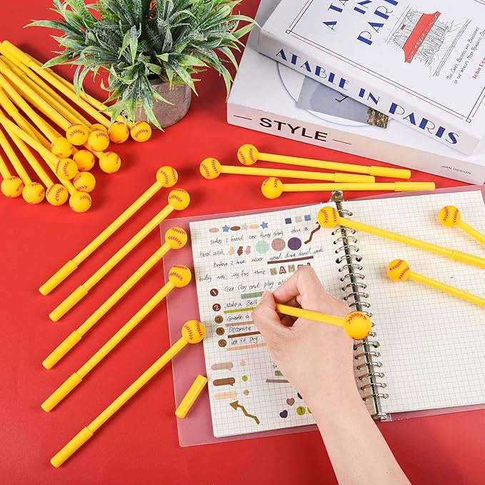 LiYiQ 50 Pcs Softball Party Favor Cartoon Cute Fun Pens for Kids Kawaii Softball Shape Gel Black Ink Pen Cute Softball Pens for School Office Home Student Kids Present