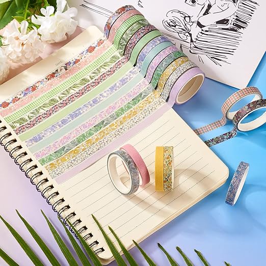 20 Rolls Scrapbook Tape 7 mm Floral Decorative Tape Set Floral Tape Pack Aesthetic Colored Tape Rolls Stickers for Crafts DIY Scrapbook Bible Study Journaling Planner Supplies