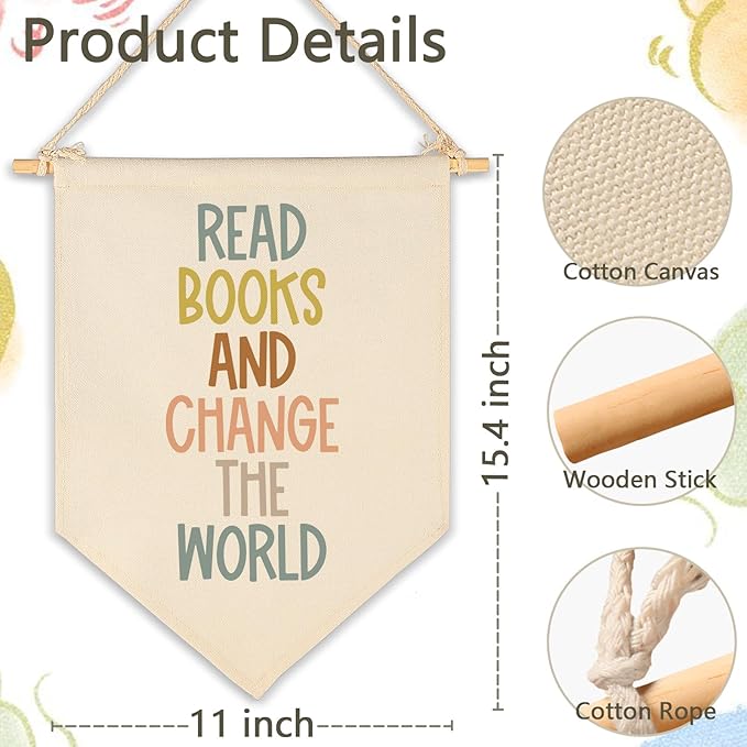 Read Books And Change The World Banner-Inclusive Classroom Decor-Homeshool Reading Room Decortions-Teacher Gift-Canvas Hanging Pennant Flag Banner Wall Sign-Back to School Requisite