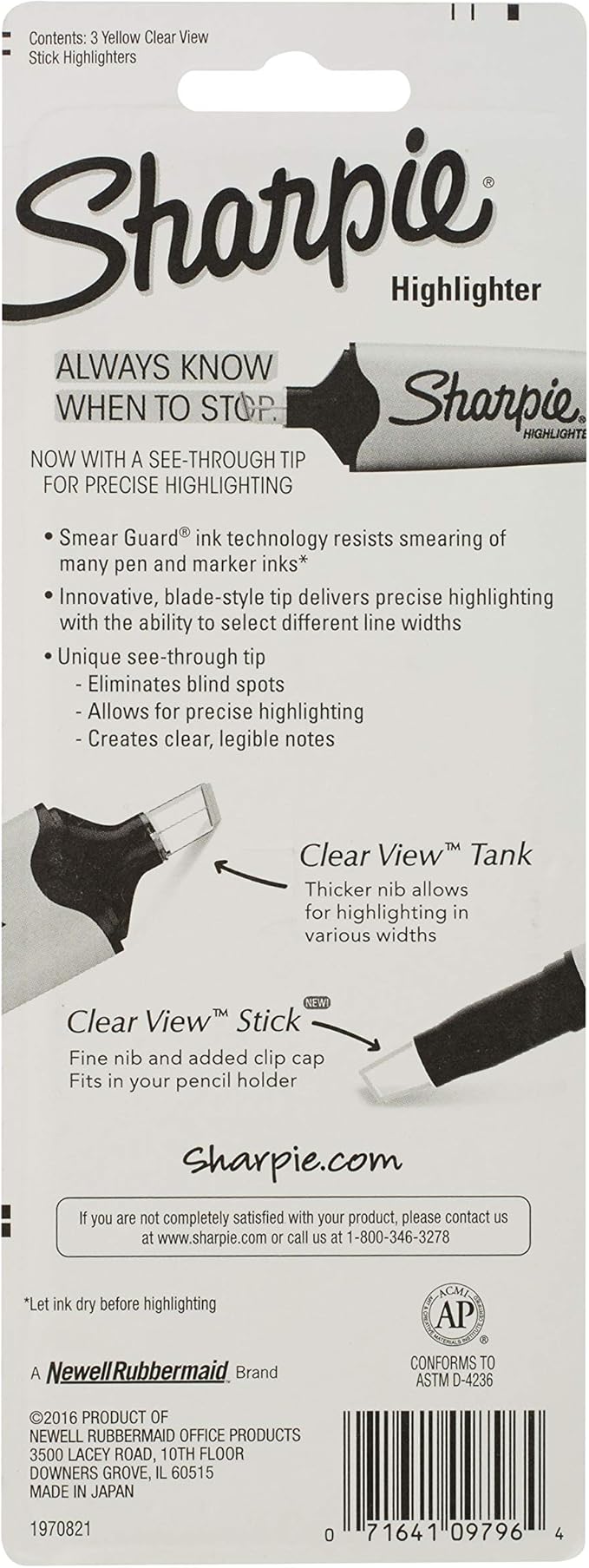 SHARPIE Clear View Highlighter Stick, Yellow, 3/Pack (1950745) (Pack of 2)