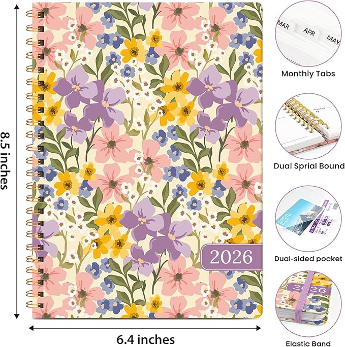 2026 Planner, Weekly and Monthly Calendar Planner Book, January 2026 - December 2026, Hardcover Spiral Planner with Monthly Tabs, Notes Pages, Perfect for Women & Men, A5 (6.4" x 8.5") - FLoral