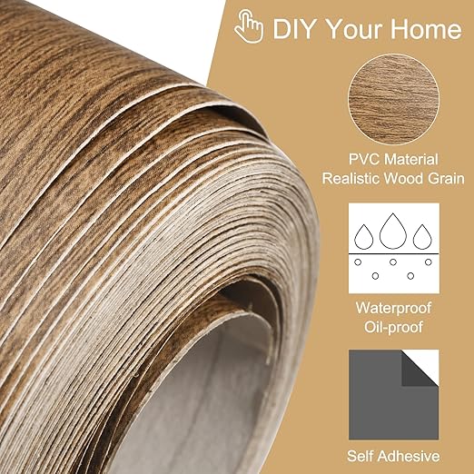 uxcell Wood Grain Tape, 4.72" x16 Ft Wall Paper Border Sticker Self-Adhesive Wood Grain Repair Patch with Scraper for Wall Corner Table Door Sofa Furniture Home Decor (Brown)