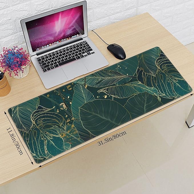 Tropical Monstera Leaves Gold Green XXL XL Large Gaming Mouse Pad for Desk, Non-Slip Long Extended Keyboard Pads Mousepad Rubber Table Mat 31.5 X 11.8 Inch