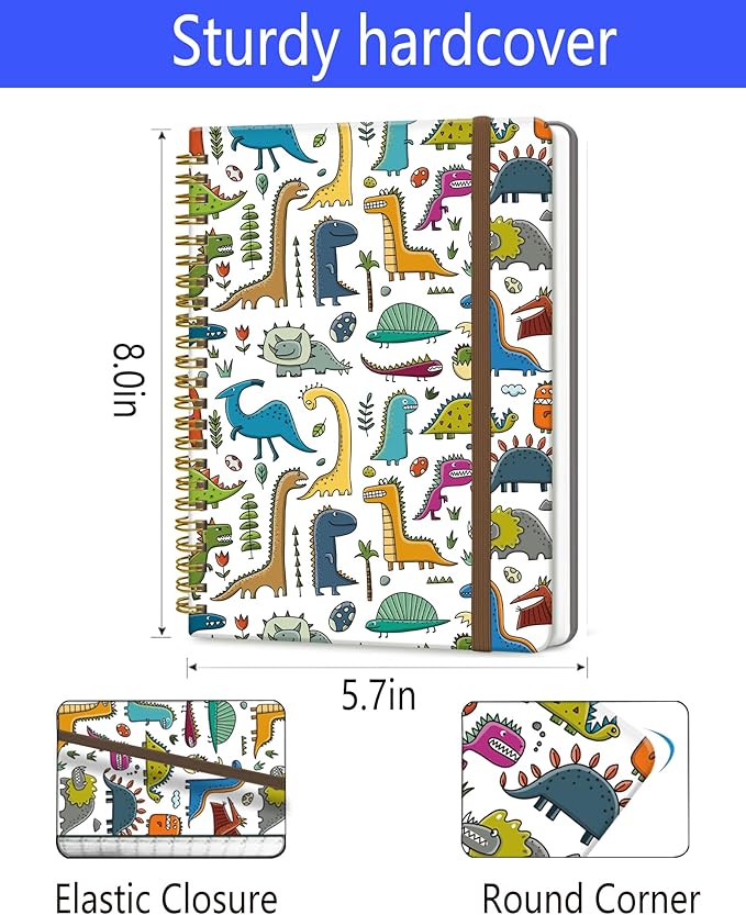 Spiral Journal Notebook, A5 Cute Notebooks for Women Men, College Ruled Hardcover Notebook for Work & Note Taking, 60 Pages Double-Wire Journals for Writing, Cute Dinosaurs