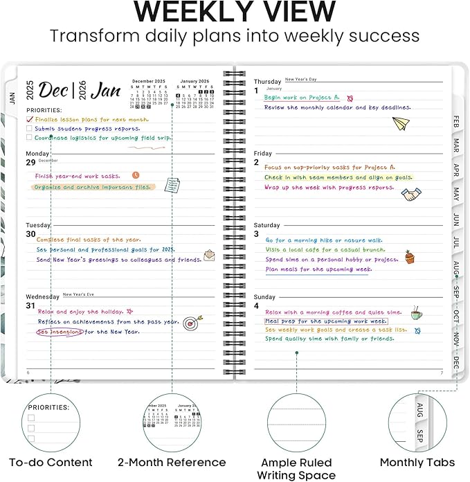 2026 Planner, Weekly and Monthly Calendar Planner Book, January 2026 - December 2026, Hardcover Spiral Planner with Monthly Tabs, Notes Pages, Perfect for Women & Men, A4 (8.5" x 11") - Leaf