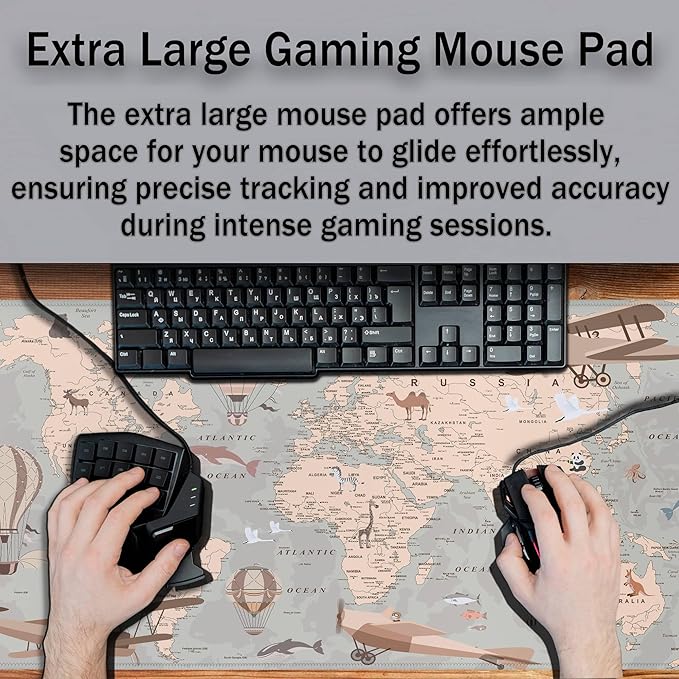 Gaming Mouse Pad Retro World Map, Large Desk Pads Computer Desk Mat, Non-Slip Rubber Base, 35.4 x 15.7 Inch for Work/Game/Office/Home