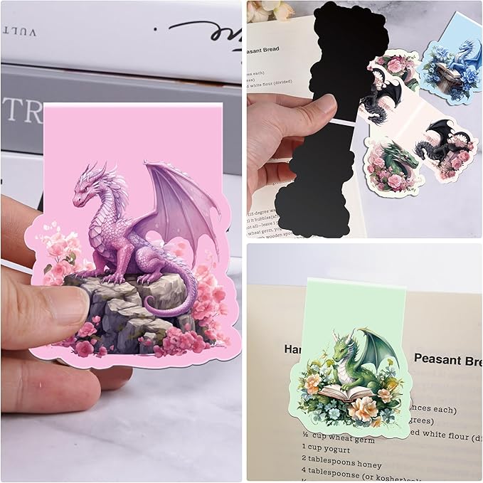 Cool Dragon Magnetic Bookmarks, 8 Pcs Flower Dragon Magnet Book Mark Clips Gifts for Men Boys Kids, Fantasy Novel Accessories for Reading Journals Christmas Birthday Stocking Stuffers