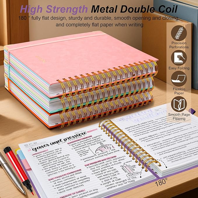 Hardcover Spiral Notebook 8.5"x11" Journal Notebook with Tabs and Removable Dividers 300 Pages 5 Subject Notebook College Ruled, Faux Leather Spiral Bound Notebook for Women School Work (Purple)
