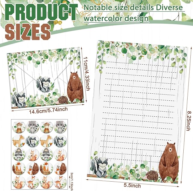 TaoBary 160Pcs Stationery Paper Set 50 Double Sided Stationery Papers with 50 Matching Envelopes and 60 Round Dot Sticker, 10Design (Woodland Animal,5.5 x 8.25 Inch)