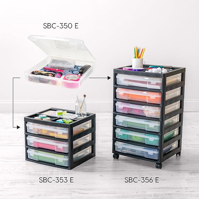 IRIS USA Fits 12" x 12" Paper, 3-Tier Desk Top Storage Unit with Organizer Top, for Office Art & Craft Supplies, Pens Pencils Sticky Notes Paper Clips, 3 Clear Cases w/ Built in Handle - Black/Clear