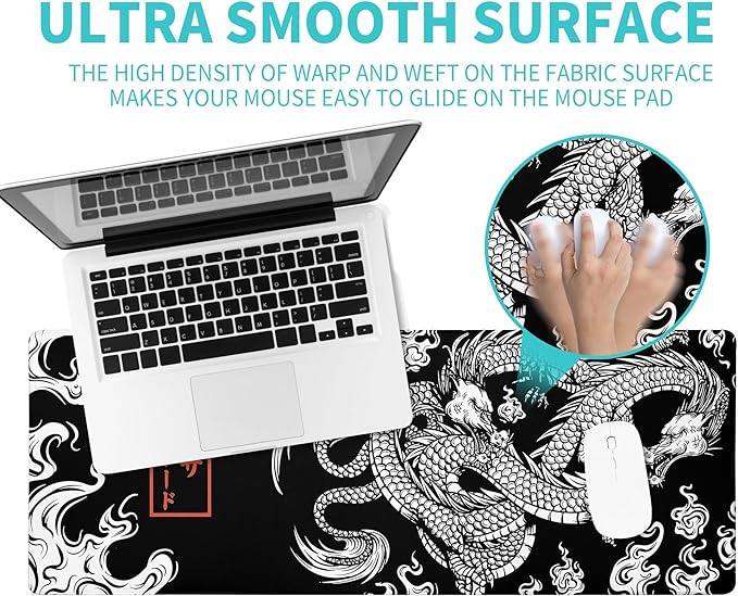 Black and White Mouse Pad Extra Large Gaming Mousepad Dragon Desk Mats Japanese Full Keyboard Mat Computer Pad Desk Mat with Stitched Edges Non-Slip Desktop 31.5 x11.8 in