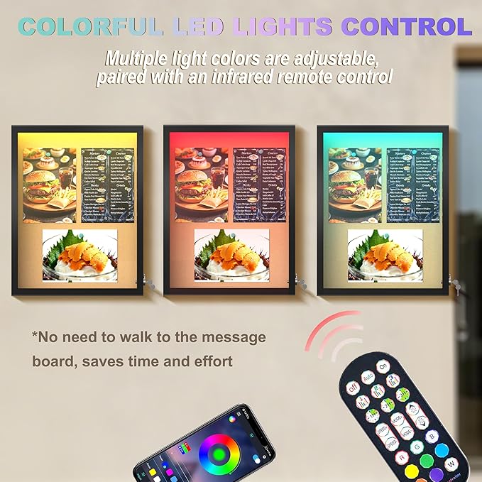 26"X20" Enclosed Bulletin Board with LED Lights, Tamper-Proof Wall Display Case,Outdoor IP65 Waterproof Lockable Cork Bulletin Board for Office, School, Restaurants,Black Frame