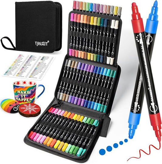 TANMIT Acrylic Paint Pens Markers, 60 Colors Dual Tip Acrylic Paint Pens for Rock Painting, Wood, Canvas, Stone, Glass, Ceramic Surfaces, DIY Crafts Making Art Supplies (Round Tip and Fine Tip)