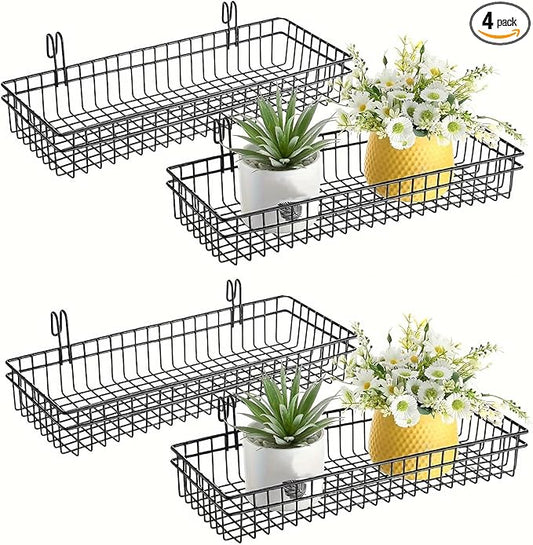 4 Pack 15.75 x 6 x 2.36 Inch Metal Grid Wall Baskets with Hooks, Hanging Wire Grid Basket, Multi-Function Wall Mounted Organizer for Kitchen Organizing Display, Black