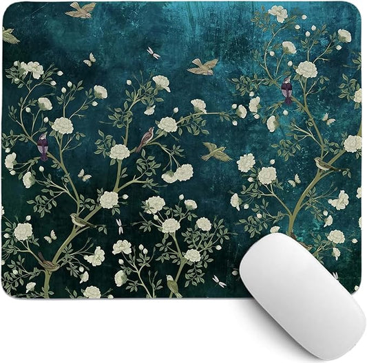 Blue Chinoiserie Mouse Pad,Cherry Blossom Bird Desk Mat,Vintage Spring Floral Mouse Pad,Dark Greens Floral Mousepad,Girly Laptop Desk Mat for Dorm Home Office Decor,10.2x8.2 Inch