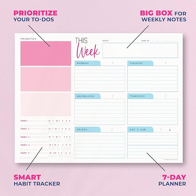 Weekly Planner Pad - Undated Planner - To Do List Notepad - Habit Tracker - 11 x 8.5" - 52 Tear-Off Sheets - Daily Planner Undated for Home Work Office Business - Goal Planner - Cute Planner (Pink)