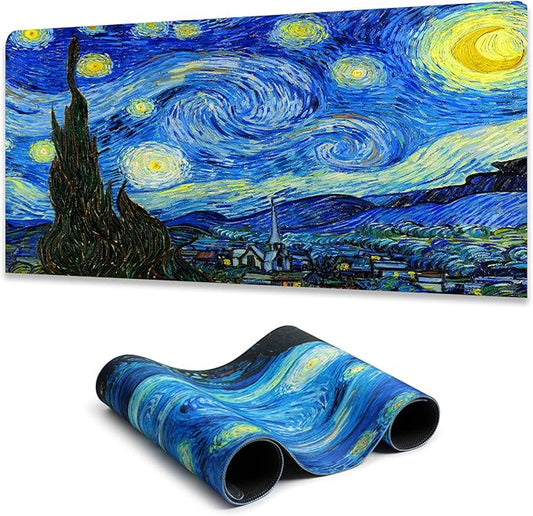 Manicer Blacklight Starry Night Mouse Pad, Van Gogh Painting Gaming Extended Large Desk Pad, UV Reactive Long Big Mouse Mat with 3mm Non-Slip Rubber Base for Office Home - 31.5" x 11.8"