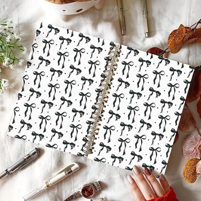 LIANGW Coquette Black Bow Notebook Journal for Teen Girls & Women, Preppy Cute Journal Gifts for Women, Girly Gifts, Black Bow Office Supplies, Hardcover Spiral Notebook, 5.5x8.3 Inch