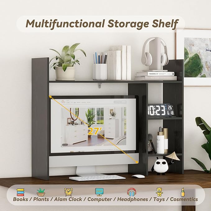 Desktop Bookshelf, Wood Desk Organizer Hutch with 3 Shelves for Computer Desk, 37.4'' Multipurpose Display Rack with Storage for College Dorm Office Home, Black