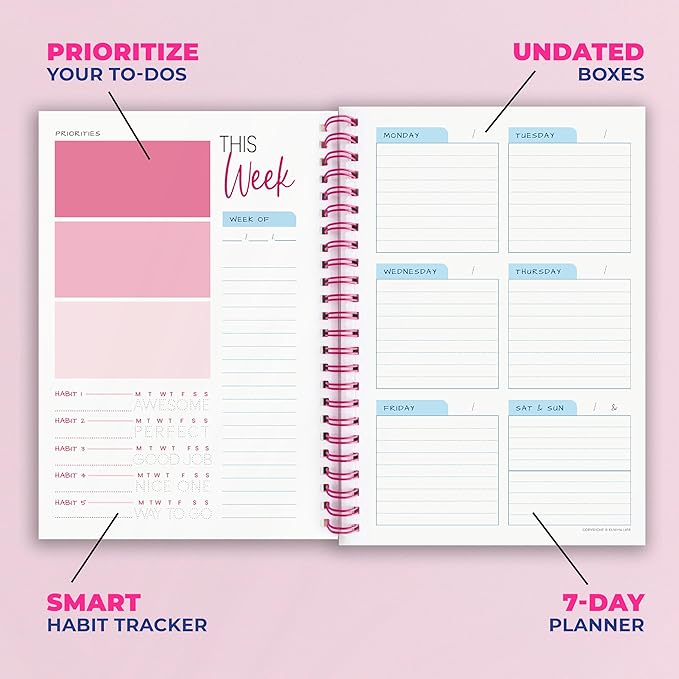 Weekly Planner Spiral Bound Notebook A5 - Undated Planner - To Do List Notebook - Habit Tracker - 52 Weeks - Daily Planner Undated for Home Work Office Business - Goal Planner - Cute Planner - Pink