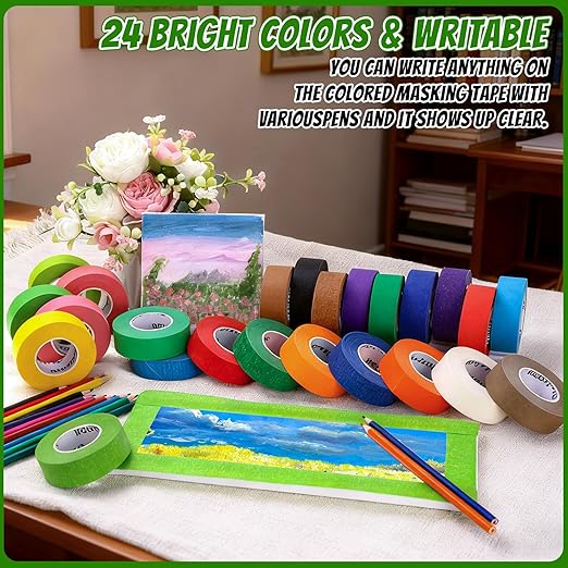 24 Rolls Bulk Colored Masking Tape for Art, 1 inch x 720 Yards for Crafts, Labeling, DIY Decorative, Colored Painters Tape, Rainbow Colors Tape for General Use Projects, Easy Tear No Residue