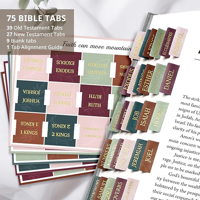 Bible Tabs for Women & Men, Laminated Bible Tabs for Study Bible, Large Print Neutral Bible Tabs for Easy Navigation, Bible Index Tabs, 66 Tabs Old & New Testament, Extra 9 Blank Tabs - Leaves