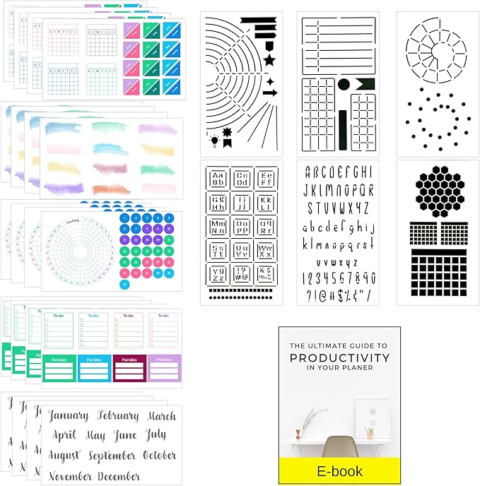 Ultimate Productivity Stencils & Stickers - x20 Sheets of Planner Stickers, x6 Stencils - Calendars, to Do Lists, Habit Trackers, Goals - Accessories & Supplies for Bullet Journals by Sunny Streak