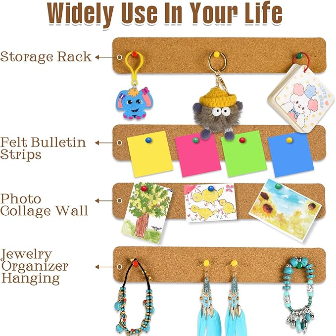 6 Pack Corkboard Strips for Walls, Self Adhesive Thick Cork Board Strips, Peel and Stick Cork Board with 50 Push Pins for Paste Notes, Photos, Schedules