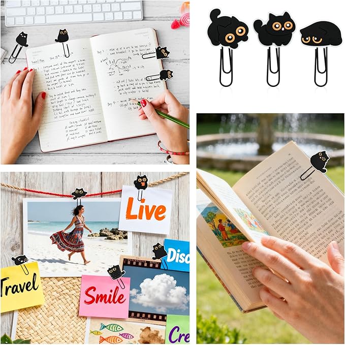 Cute Paper Clips, 30Pcs Black Cat Bookmark Paperclips Bulk Metal Fun Cute Cat Planner Clip Charms Clamp Desk Accessories Stationery Colorful Office Supplies Gifts for Student Teacher Party Decorative