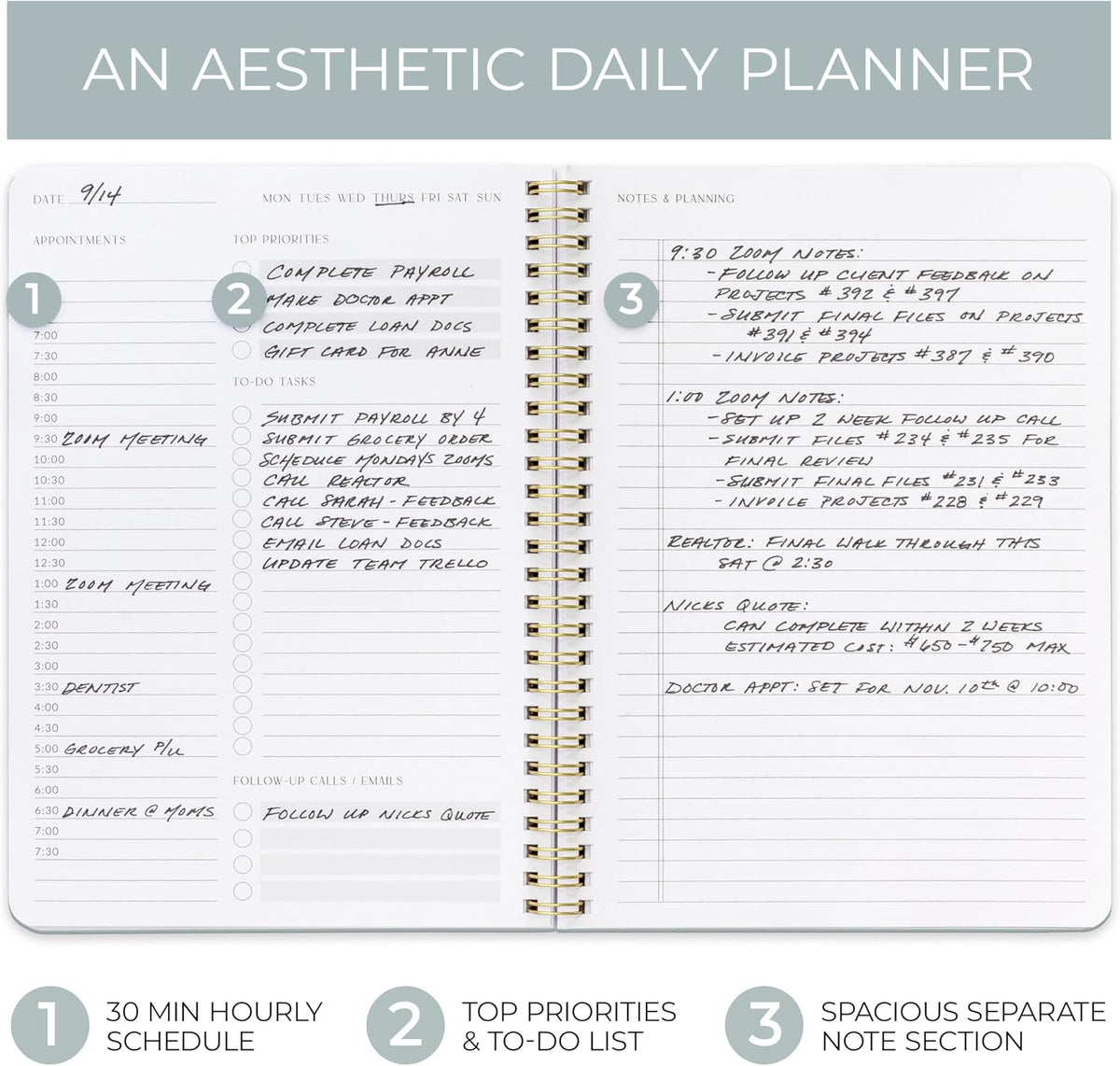 Beautiful Daily Planner And Notebook With Hourly Schedule - Spiral Notepad Aesthetic Spiral to Do List Notepad to Easily Organize Your Tasks and Appointments - School or Office Supplies for Women
