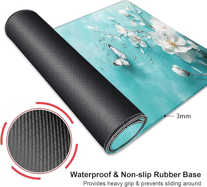 Aqua White Flowers Butterfly Large Mouse Pad, Desk Mat Computer Keyboard Pad Non-Slip Rubber Base Waterproof with Stitched Edges for Laptop Gaming, Office & Home 31.5 x 11.8 Inch (XL-22)