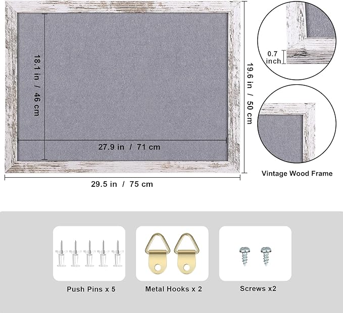 Gray Felt Bulletin Board, 29.5x19.7 inches Decorative Hanging Bulletin Boards for Walls with White Rustic Wood Frame, Pin Board Vision Board for Office Home School with Pins (5075,WH,1pc)