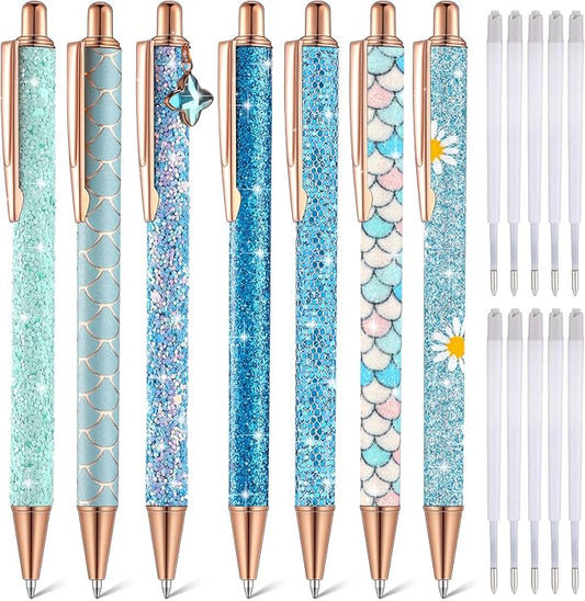Sherr 7 Pcs Fancy Pens for Women Cute Sparkly Glitter Pens with 10 Pcs Black Ink Refills Pretty Gifts for Girls Office School Christmas Graduation(Plain)