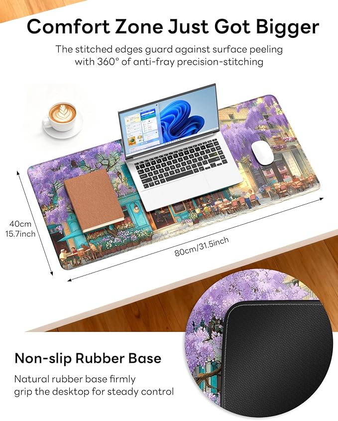 XL Gaming Mouse Pad, 31.5x17.5'' Large Desk Mat with Anti-Slip Rubber Base & Stitched Edges for Gaming, Office, Home - Wisteria Cafe