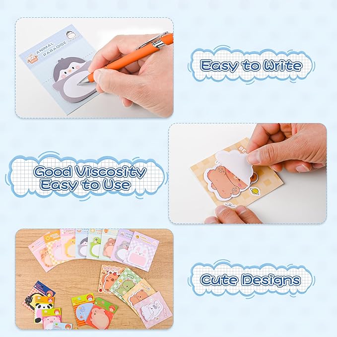 100Pcs Cute Cartoon Animal Sticky Notes Party Favors Kawaii Mini Sticky Notes for Teacher Appreciation Gift Classrooms Rewards Memo Pads Notes Page School Tab for School Office Supplies