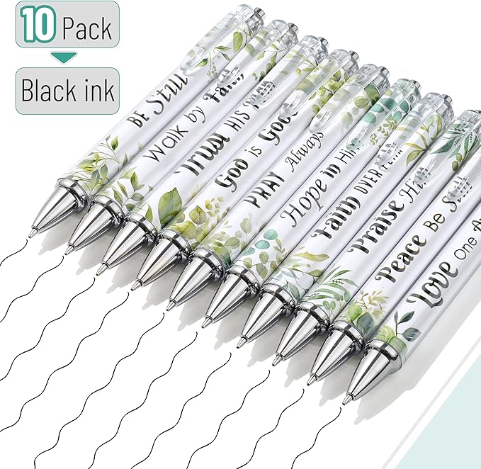 Mr. Pen Christian Pen Set, 10 Pack, Green Elegance, Black Ink, Bible Verse Pens, No Bleed Through, Ballpoint Pens